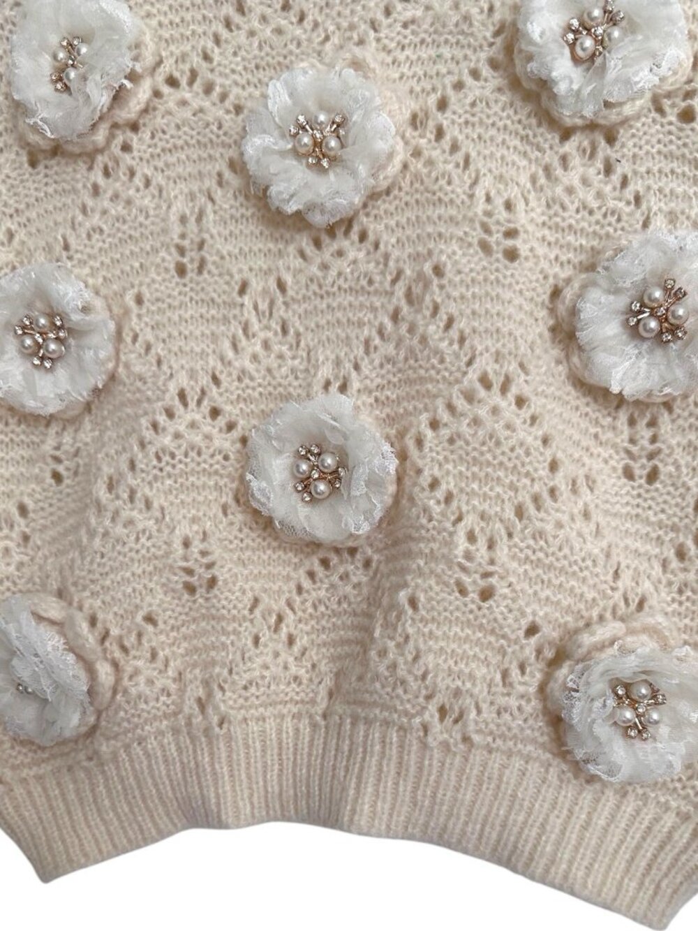 Women Crop Top Knit 3D Lace Flower Pearl Appliques Ivory SZ PS Crew Neck Stretch - Picture 9 of 11